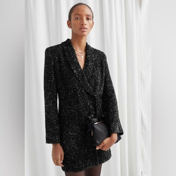 NWT & Other Stories Mini Black Dress Double Breasted Blazer Sequin Size XS - Picture 4 of 11
